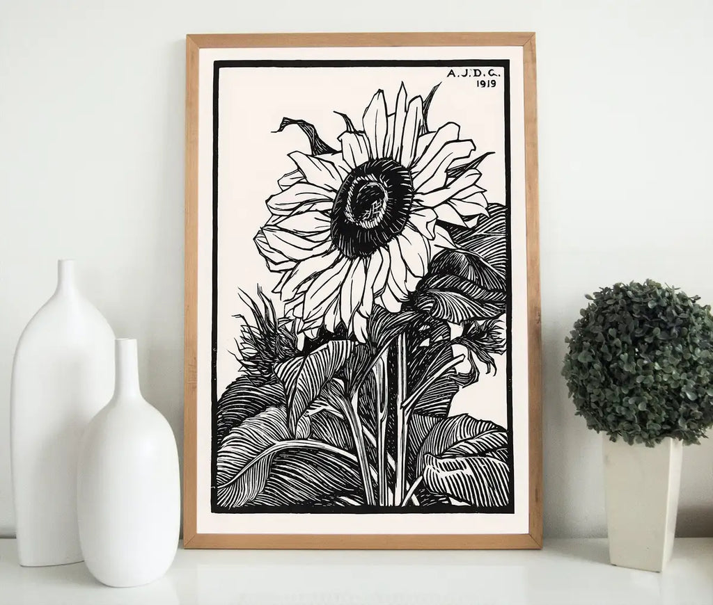 Detail view of artwork from Vintage Sunflower Print Printable Wall Art. Art Nouveau Floral Print. Instant Download Poster Black and White Wall Art. Art Nouveau Poster. (variation 2)