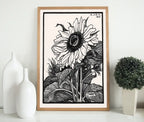 Detail view of artwork from Vintage Sunflower Print Printable Wall Art. Art Nouveau Floral Print. Instant Download Poster Black and White Wall Art. Art Nouveau Poster. (variation 2)