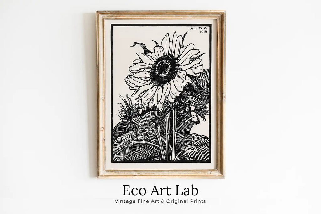 Framed view of Vintage Sunflower Print Printable Wall Art. Art Nouveau Floral Print. Instant Download Poster Black and White Wall Art. Art Nouveau Poster – printable wall art digital download.