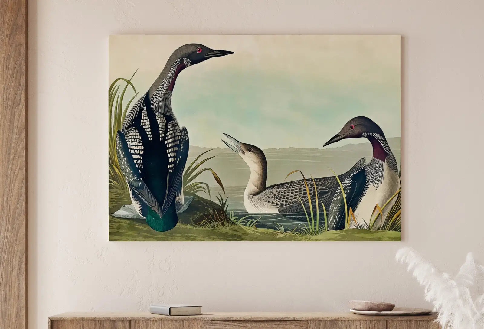 Art mural tropical vintage avec oiseau - plongeur à gorge noire dans la nature sauvage, affiche colorée tropicale. Téléchargement immédiat.