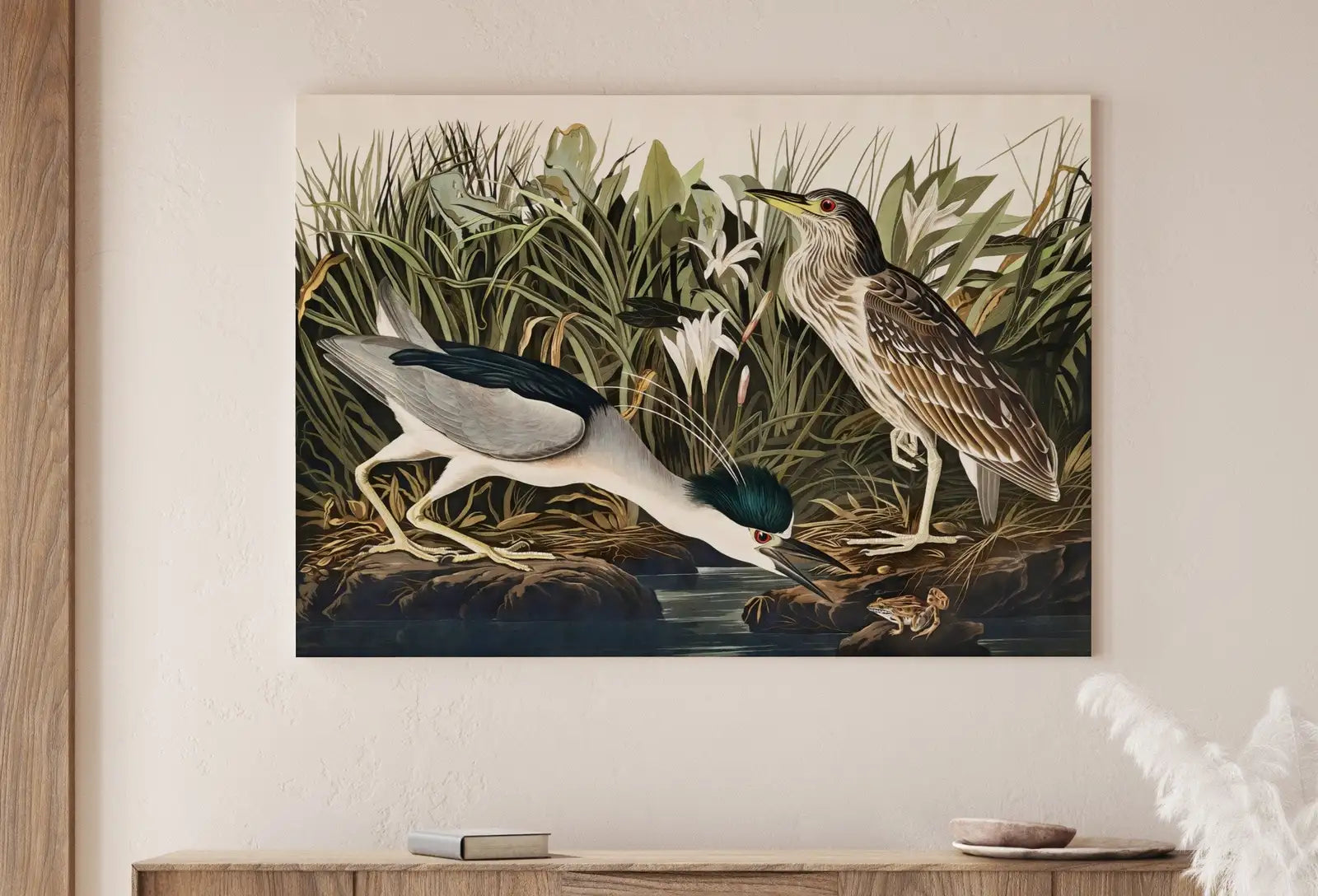 Art mural d’oiseau tropical vintage. Héron de nuit, nature sauvage colorée, décor tropical. Téléchargement instantané d’affiche d’oiseau