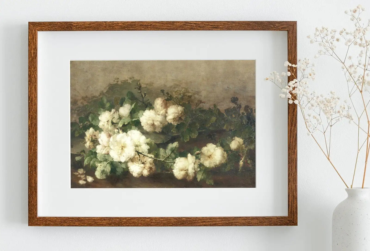 Included artwork preview showing first selection of artworks from Vintage White Roses Flowers Still Life Painting. Neutral Colors Romantic Vintage Decor. Antique Oil Painting Vintage Flower Print. Printable.