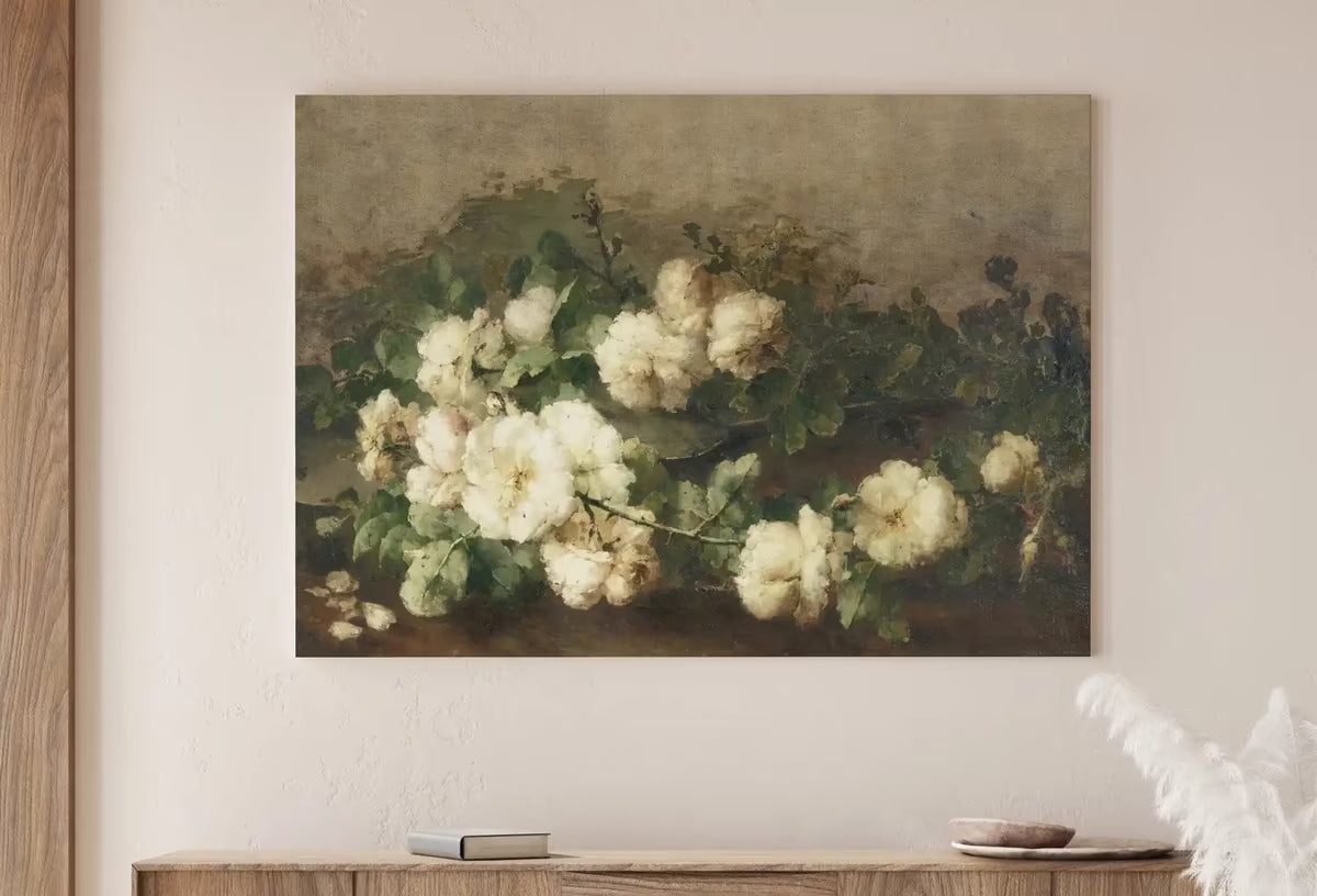 Vintage White Roses Flowers Still Life Painting. Neutral Colors Romantic Vintage Decor. Antique Oil Painting Vintage Flower Print. Printable – Printable Wall Art