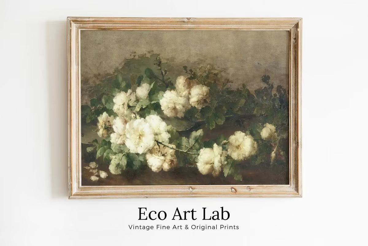 Vintage White Roses Flowers Still Life Painting. Neutral Colors Romantic Vintage Decor. Antique Oil Painting Vintage Flower Print. Printable – Printable Wall Art