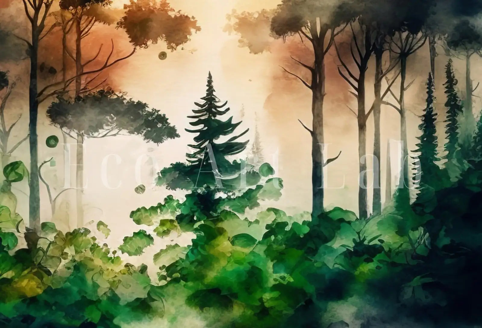 Paysage forestier abstrait à l’aquarelle imprimable. Reproduction minimaliste de peinture d’arbres forestiers. Œuvre murale imprimable. Décor naturel. Art numérique forestier.