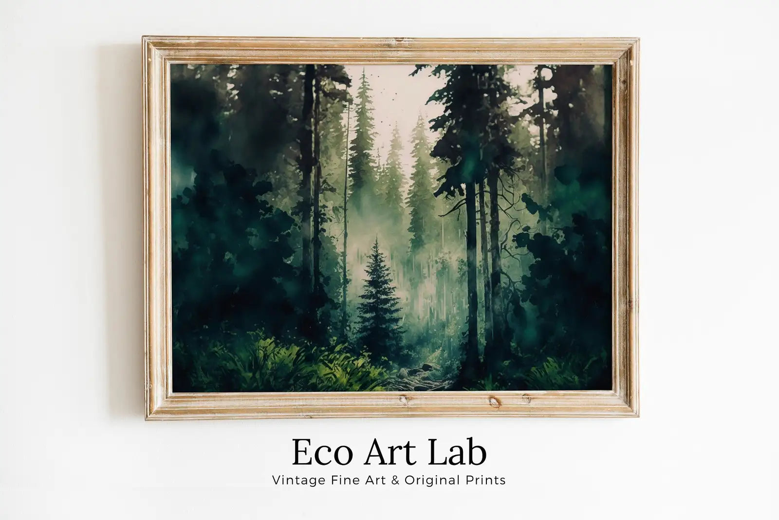 Paysage de forêt dense en aquarelle à télécharger. Art mural numérique. Peinture d’arbres de forêt verte. Décor nature. Art de la forêt.