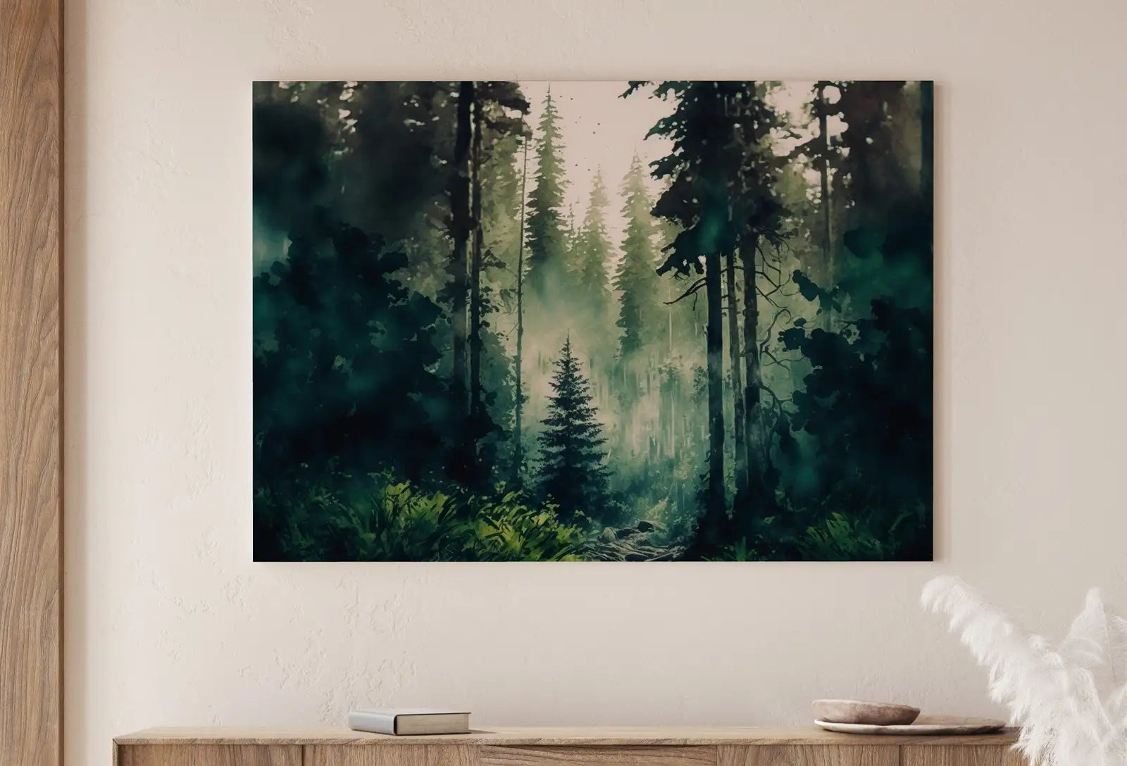 Paysage de forêt dense en aquarelle à télécharger. Art mural numérique. Peinture d’arbres de forêt verte. Décor nature. Art de la forêt.