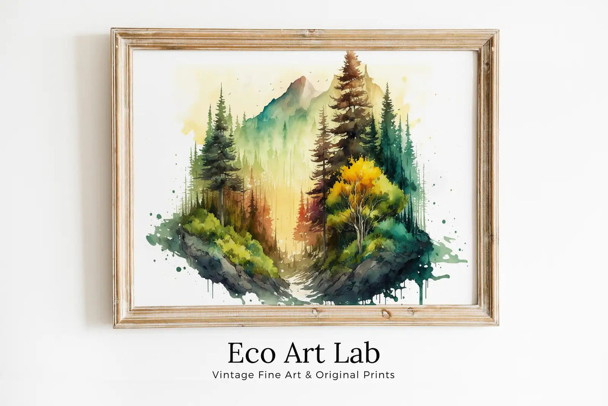 Included artwork preview showing first selection of artworks from Watercolor Forest Landscape Printable. Digital Art. Green Forest Trees Painting Print. Printable Wall Art. Nature Decor. Mountain Forest Art.