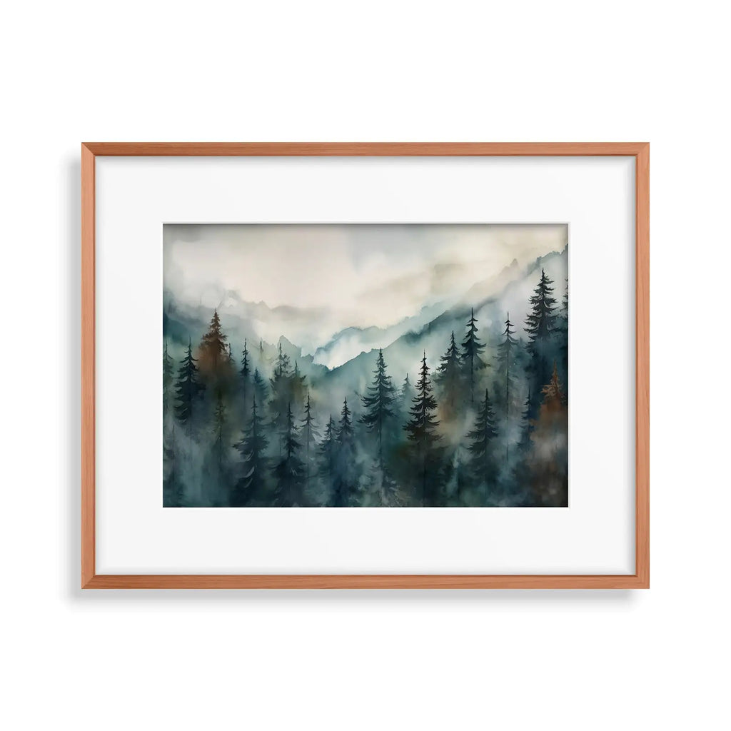 Detail view of artwork from Watercolor Forest Landscape Printable. Green Forest Trees Painting Print. Printable Wall Art. Digital Art. Nature Decor. Mountain Forest Art. (variation 1)