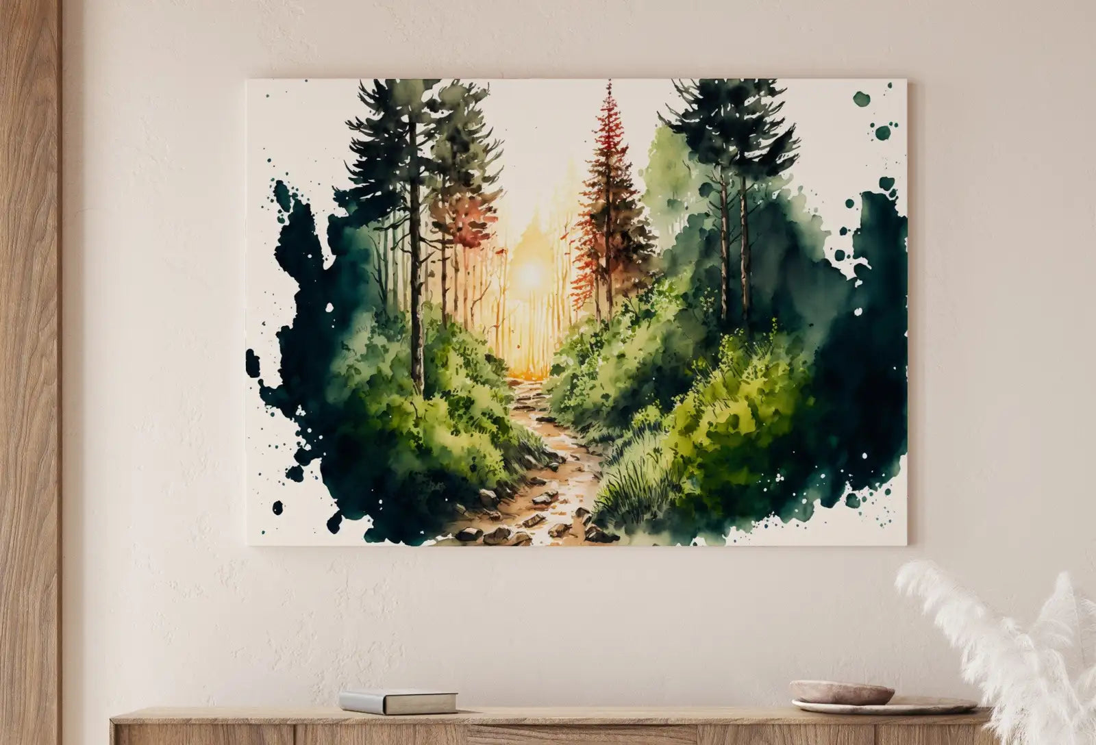Paysage Forestier Aquarelle à Imprimer - Impression de Peinture de Forêt Verte. Art Mural Numérique. Décor Naturel. Art de la Forêt de Montagne.