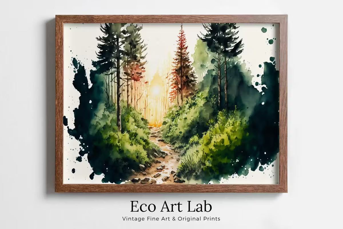 Watercolor Forest Landscape Printable. Green Forest Trees Painting Print. Printable Wall Art. Digital Art. Nature Decor. Mountain Forest Art – Printable Wall Art