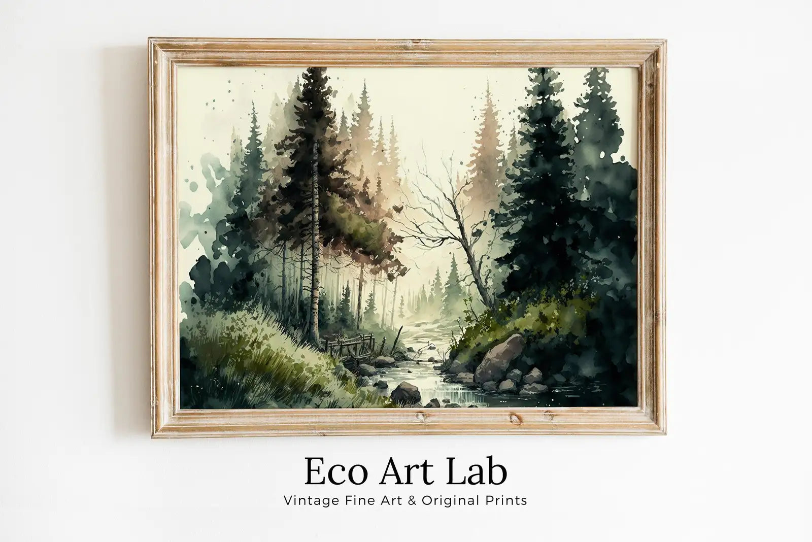 Paysage forestier à l’aquarelle à télécharger, art mural à télécharger, art numérique, peinture d’arbres de forêt verte, décoration de nature, art de forêt de montagne
