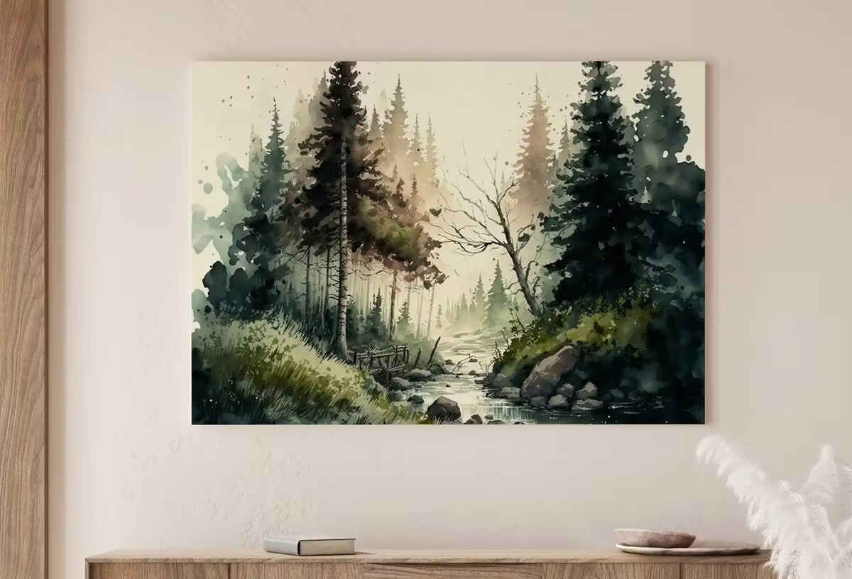 Watercolor Forest Landscape Printable. Printable Wall Art. Digital Art. Green Forest Trees Painting Print. Nature Decor. Mountain Forest Art – Printable Wall Art