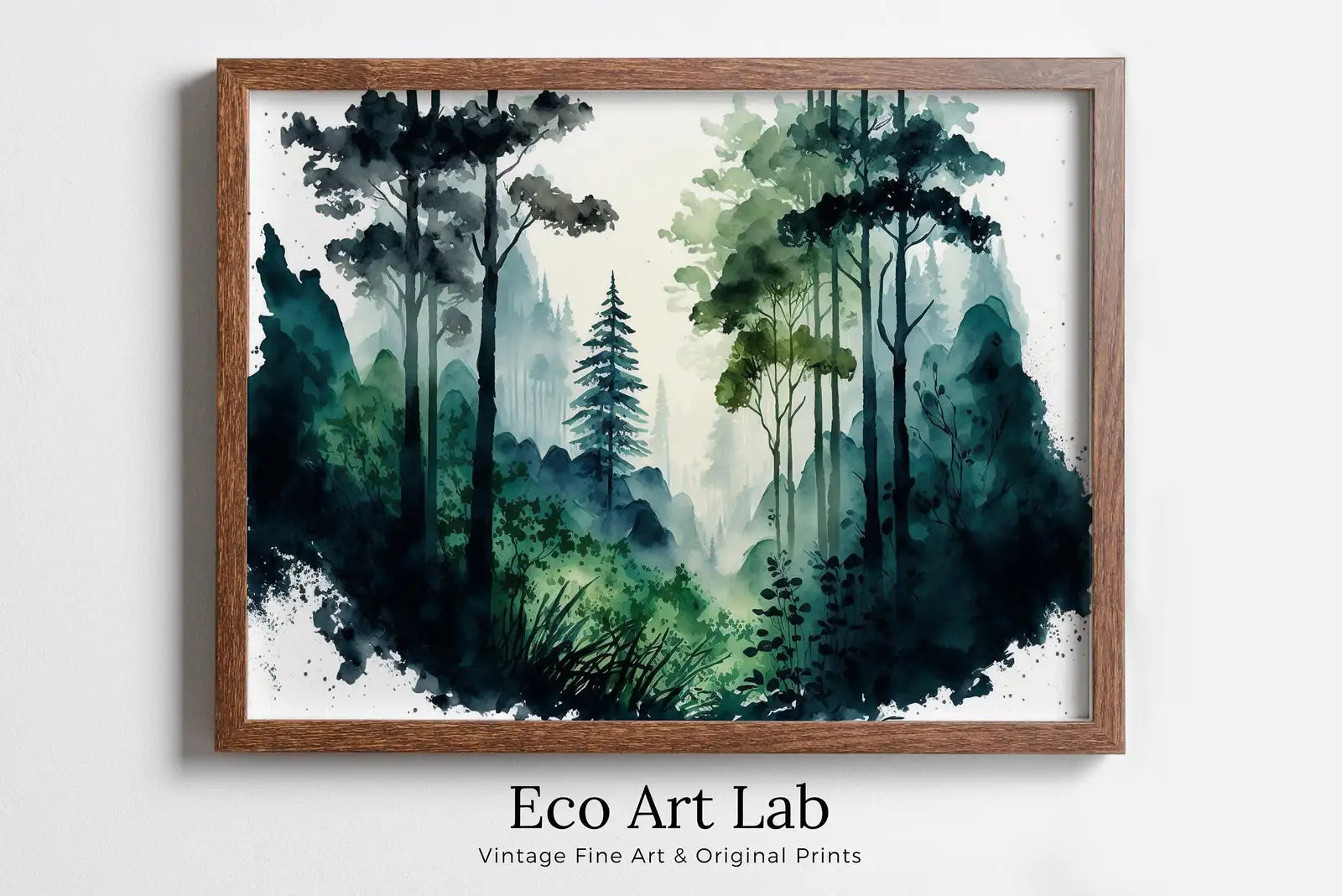 Paysage de forêt en aquarelle imprimable. Art mural imprimable. Peinture d’arbres de forêt verte. Art numérique. Décoration naturelle. Art de la forêt.