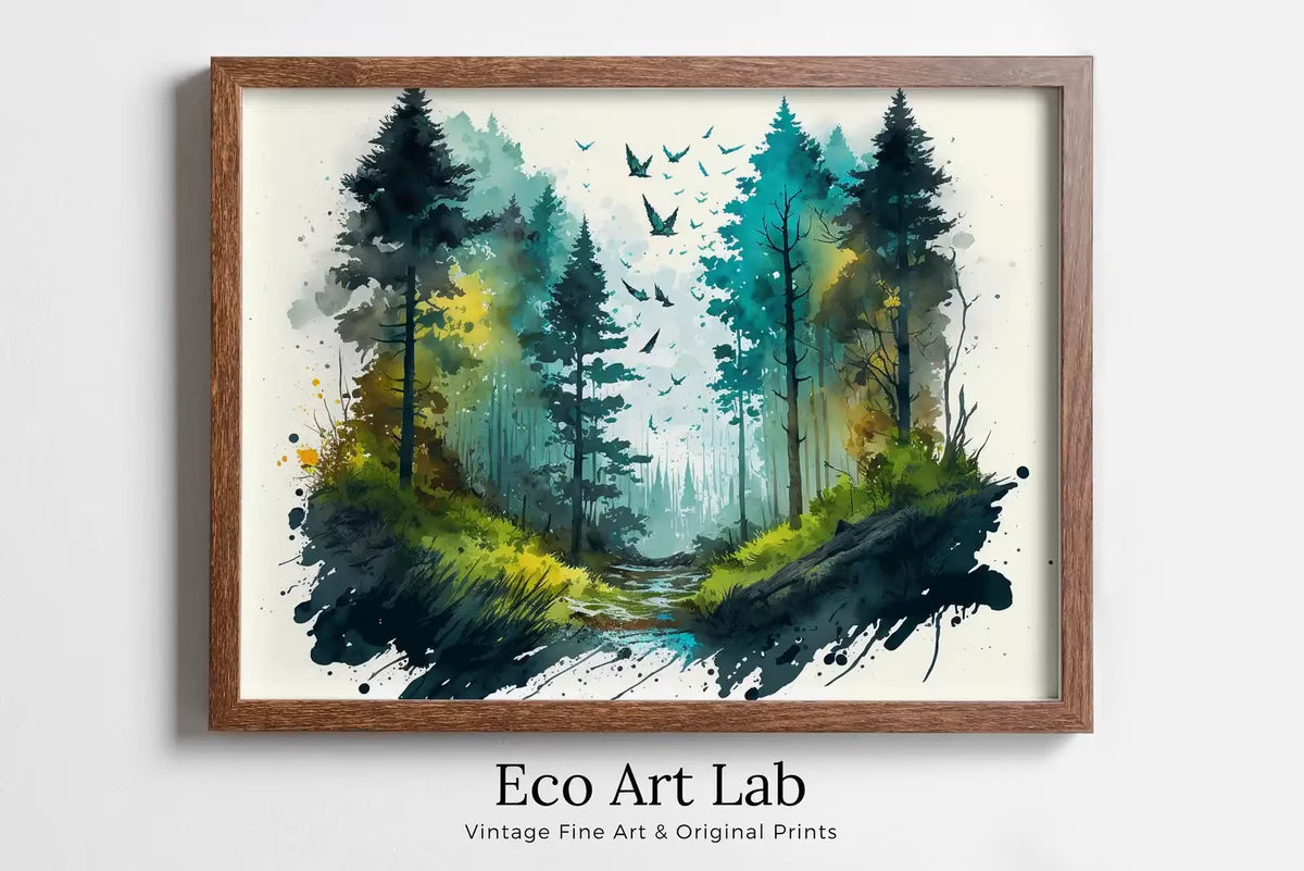 Watercolor Forest Landscape Printable. Printable Wall Art. Green Forest with Birds. Trees Painting Print. Nature Decor. Mountain Forest Art – Printable Wall Art