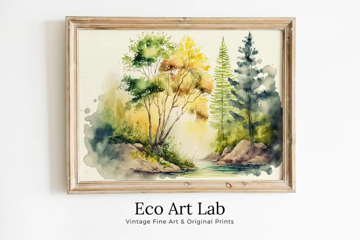 Watercolor Forest River Landscape Printable. Forest Trees Painting Print. Printable Wall Art. Digital Art. Nature Decor. Abstract Forest Art – Printable Wall Art