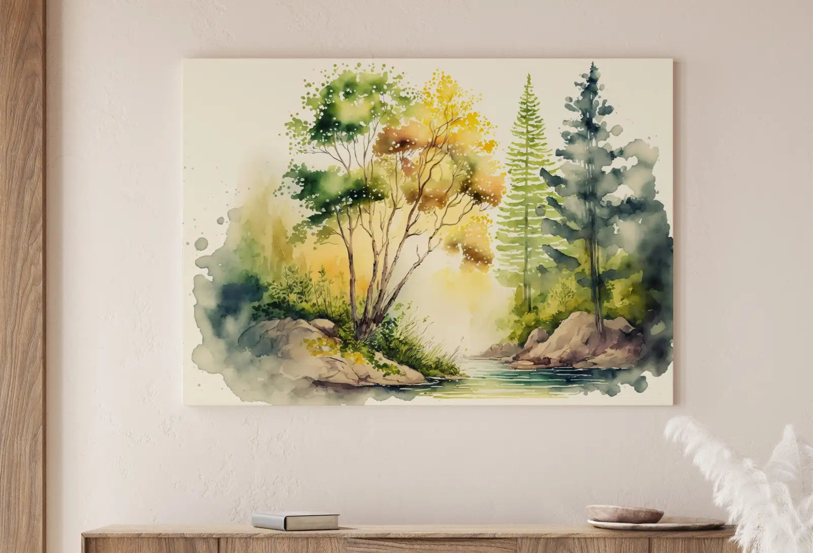 Impression de paysage “Forêt au bord de la rivière” à l’aquarelle. Peinture d’arbres forestiers. Art mural imprimable. Art numérique. Décoration nature. Art abstrait de la forêt