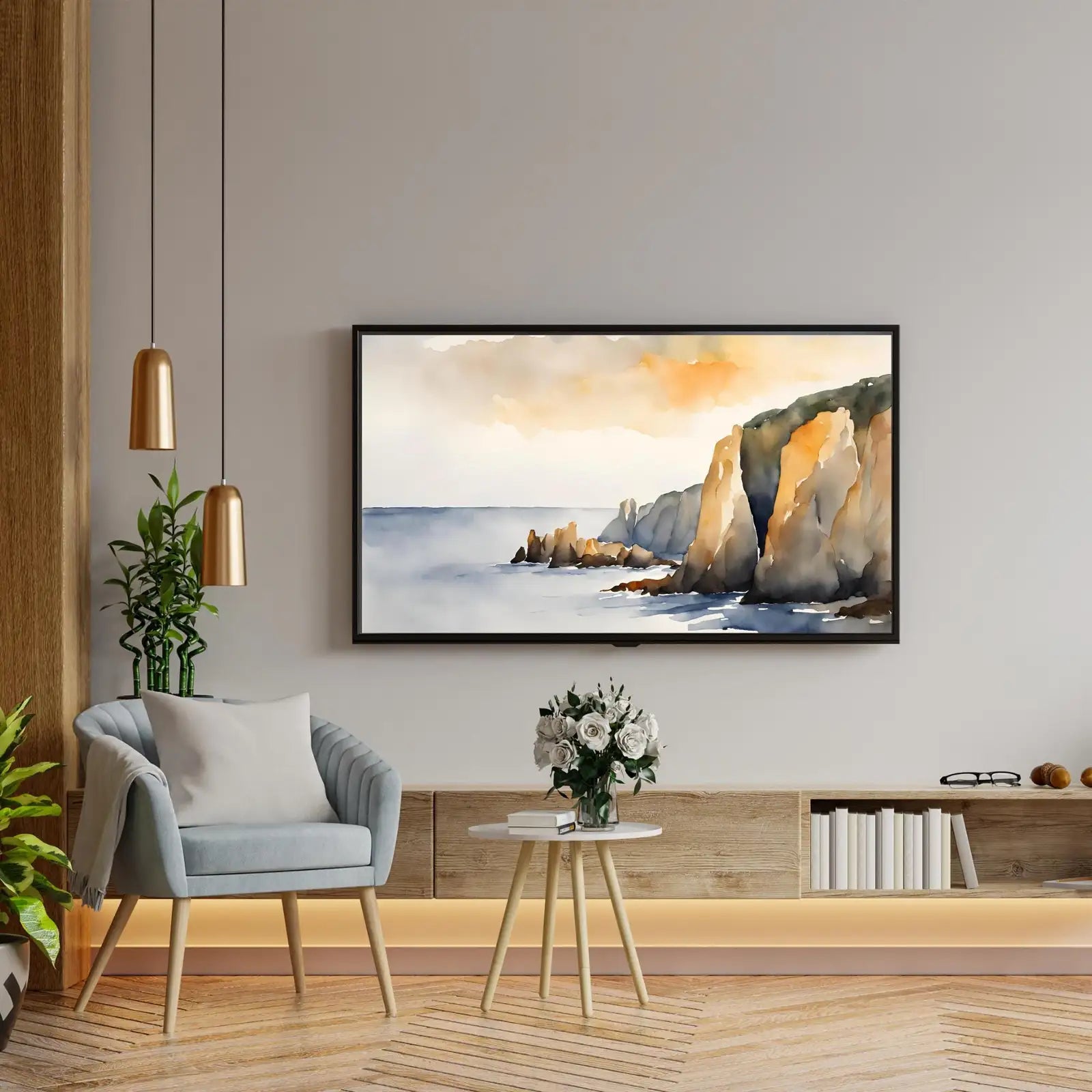 Watercolor Minimalist Frame TV Art. Contemporary 4K Digital Art for Samsung Frame TV. Minimalist Ocean Landscape Decor. – Frame TV Digital Download Art – Digital Download