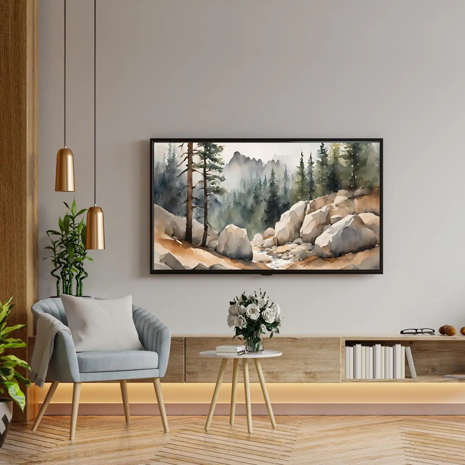 Watercolor Minimalist Landscape Decor. Frame TV Art for Samsung Frame TV. 4K Nature Scene Wall Art for Modern Homes. – Frame TV Digital Download Art – Digital Download