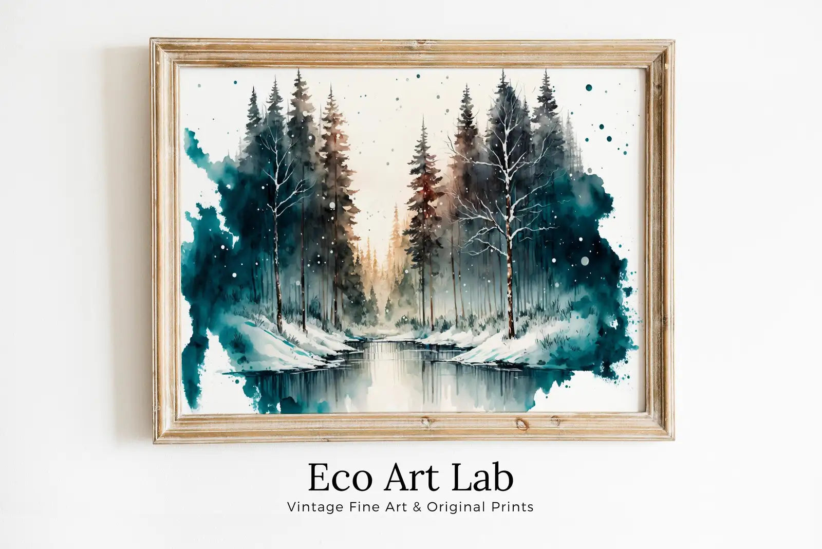Paysage de rivière de forêt d’hiver à l’aquarelle à imprimer. Peinture d’arbres de forêt verte. Art mural à imprimer. Art numérique de nature de forêt
