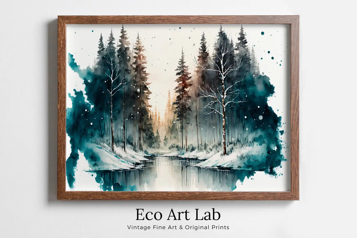Framed view of Watercolor Winter Forest River Landscape Printable Art. Green Forest Trees Painting Print. Printable Wall Art. Digital Forest Nature Decor – printable wall art digital download.
