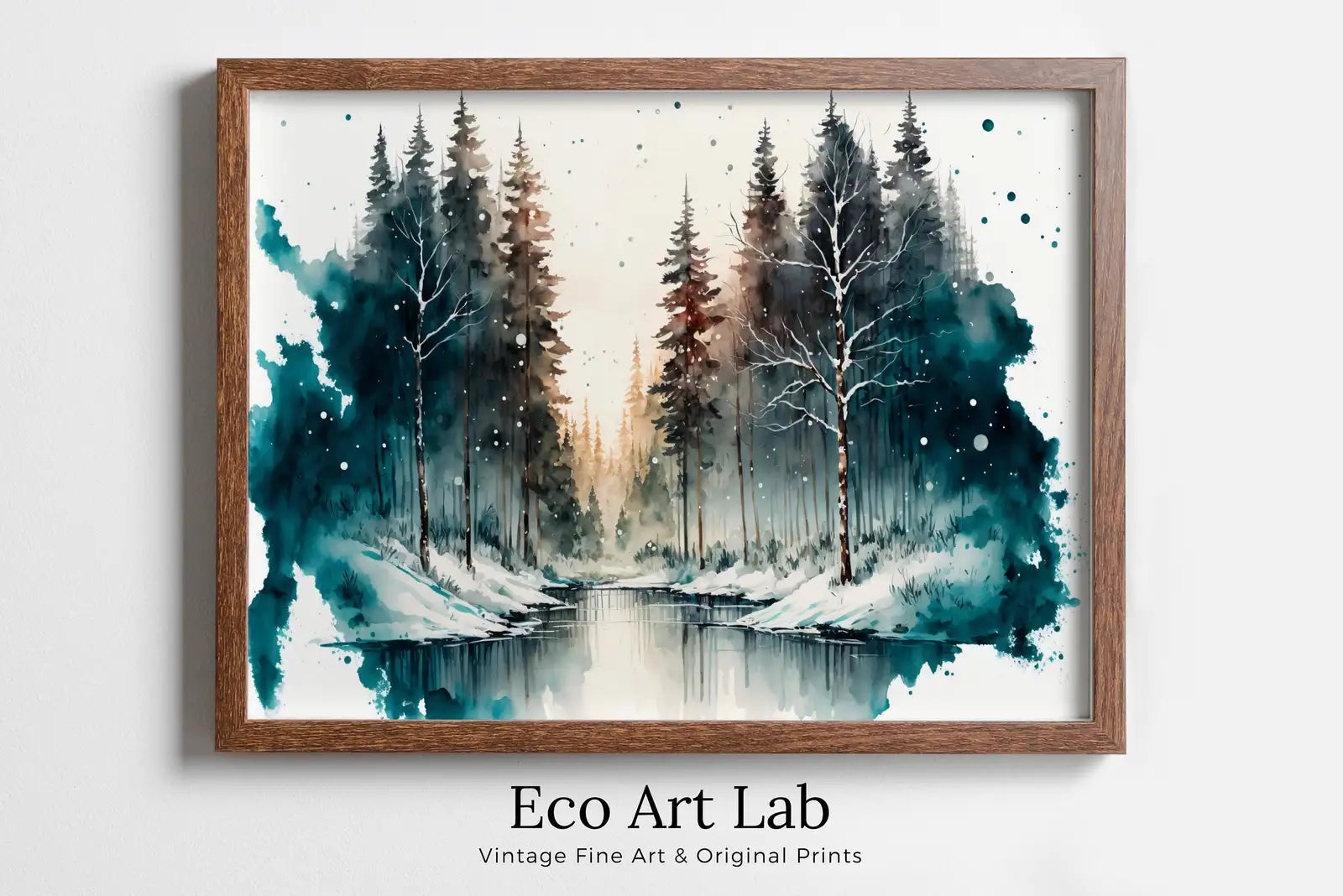 Paysage de rivière de forêt d’hiver à l’aquarelle à imprimer. Peinture d’arbres de forêt verte. Art mural à imprimer. Art numérique de nature de forêt