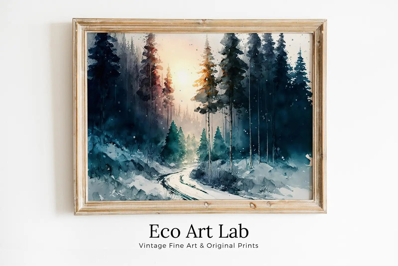 Art de paysage de sentier de forêt d’hiver aquarelle. Peinture d’arbres de forêt verte. Art mural. Décor nature numérique de forêt