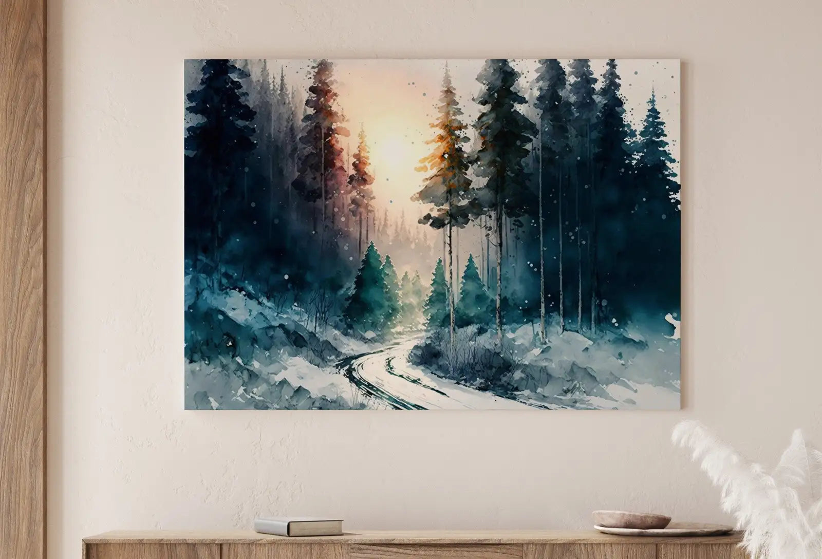 Art de paysage de sentier de forêt d’hiver aquarelle. Peinture d’arbres de forêt verte. Art mural. Décor nature numérique de forêt