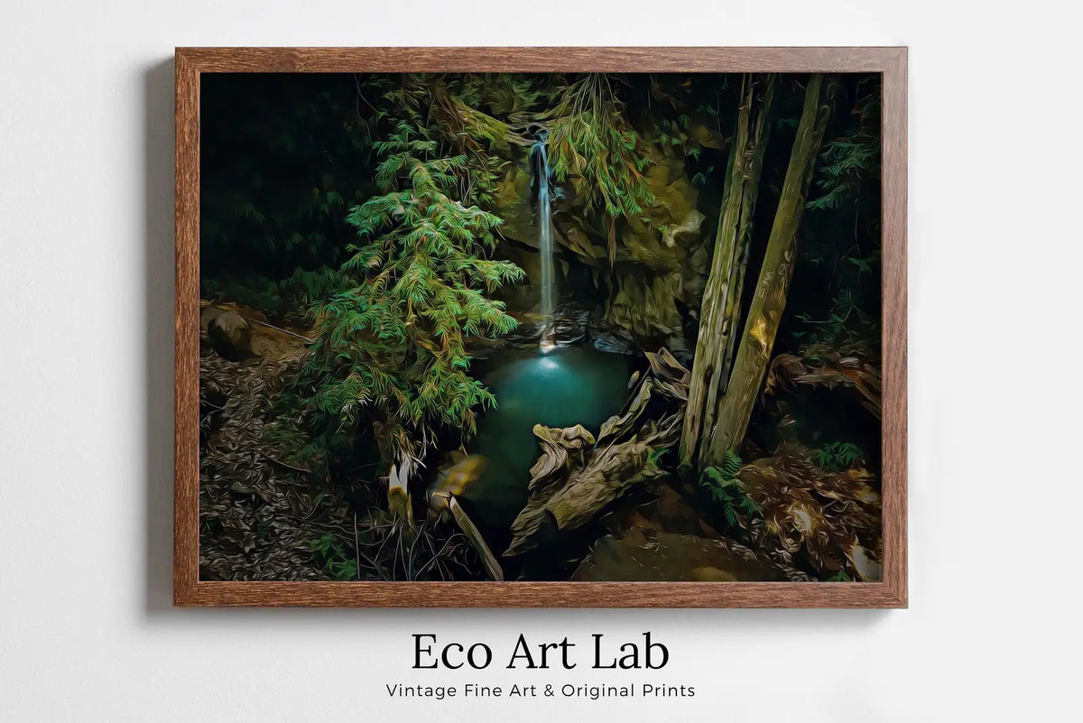 Framed view of Waterfall Painting Printable Wall Art. Instant Download Print of a Waterfall Pouring Down Into a Pond in the Woods. Nature Print Home Decor – printable wall art digital download.