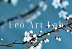 Branche d’arbre à fleurs blanches à imprimer. Impression d’art mural floral d’arbre de cerisier sakura. Art mural bleu floral. Poster botanique d’art floral.