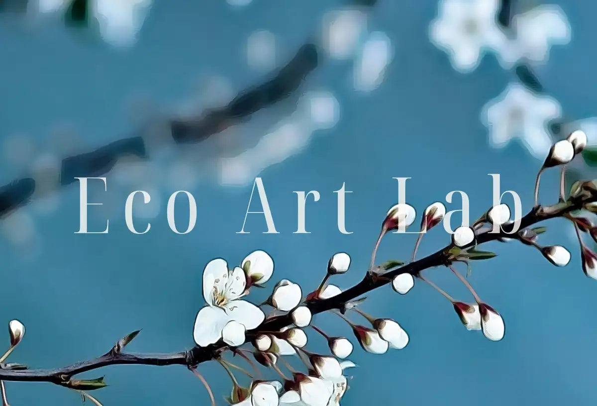 Branche d’arbre à fleurs blanches à imprimer. Impression d’art mural floral d’arbre de cerisier sakura. Art mural bleu floral. Poster botanique d’art floral.