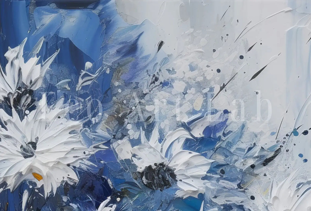 Impression de fleurs blanches et bleues. Décoration murale florale texturée. Art mural imprimable de fleurs abstraites. Peinture moderne de fleurs en texture. Téléchargement instantané.