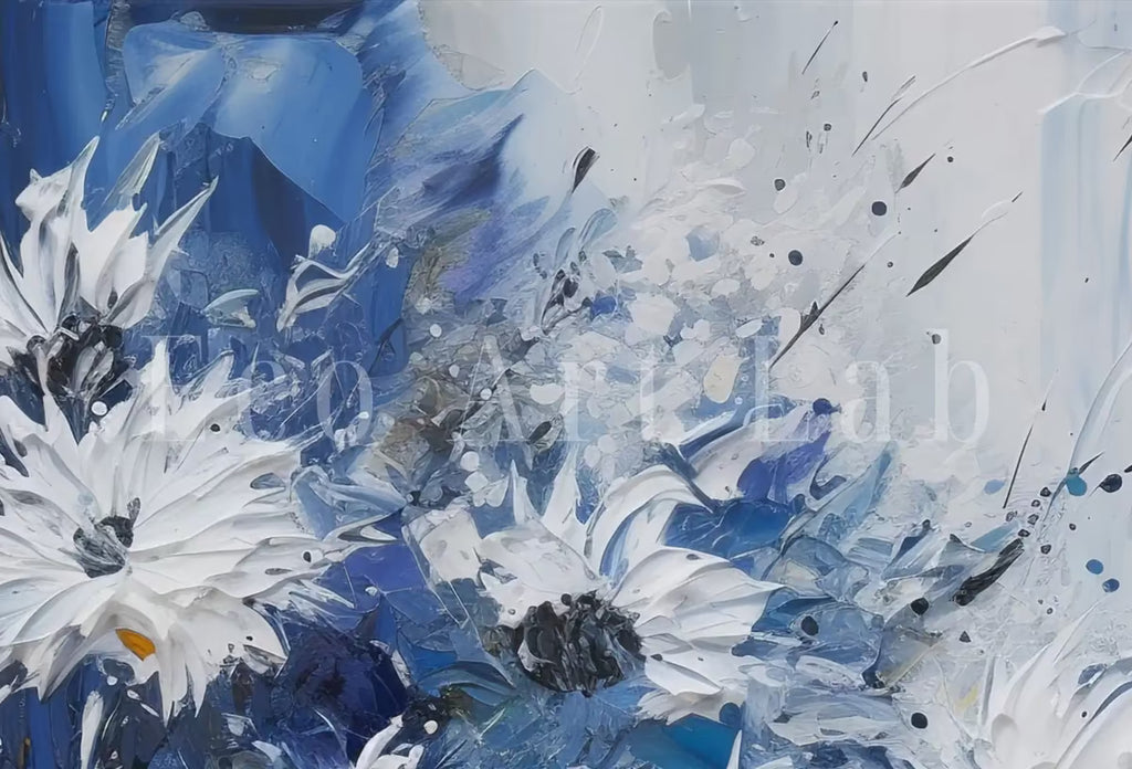 White & Blue Flowers Print. Textured Floral Wall Decor. Abstract Flower Printable Wall Art. Texture Modern Flower Painting. Instant Download – Printable Wall Art