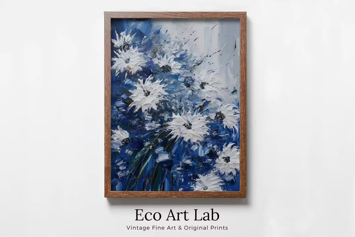White & Blue Flowers Print. Textured Floral Wall Decor. Abstract Flower Printable Wall Art. Texture Modern Flower Painting. Instant Download – Printable Wall Art