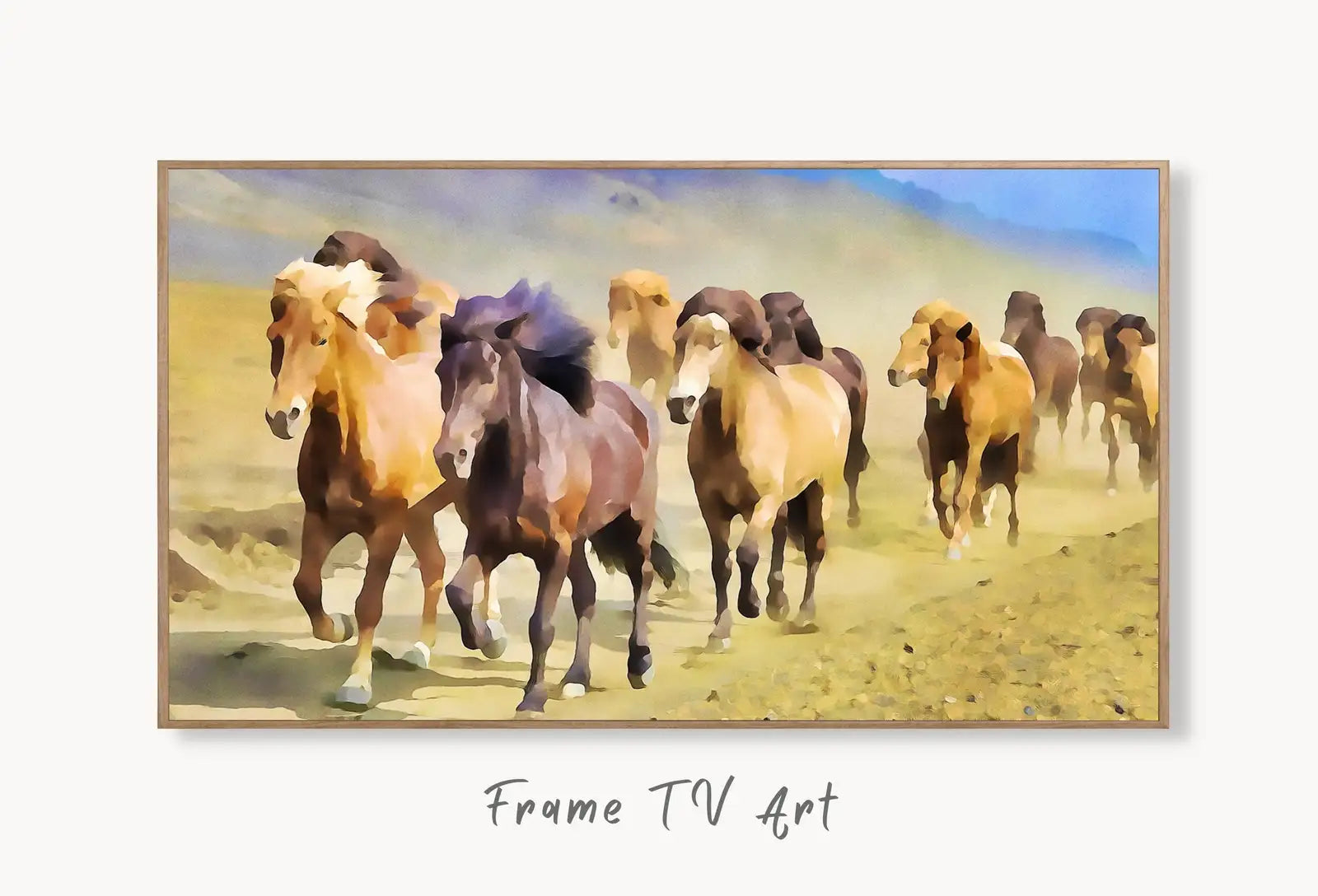 Wild Horses Galloping Digital Painting, Frame TV Art Digital Download, Art for Tv, Colorful Art for Frame TV displayed on Samsung Frame TV on a living room wall.