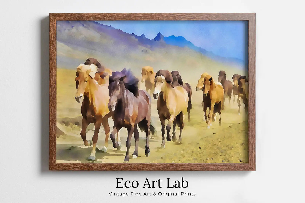 Framed view of Wild Horses Galloping Printable Wall Art, for Home or Office Horse Decor, Animal Painting Nature Print Digital Art Instant Download – printable wall art digital download.