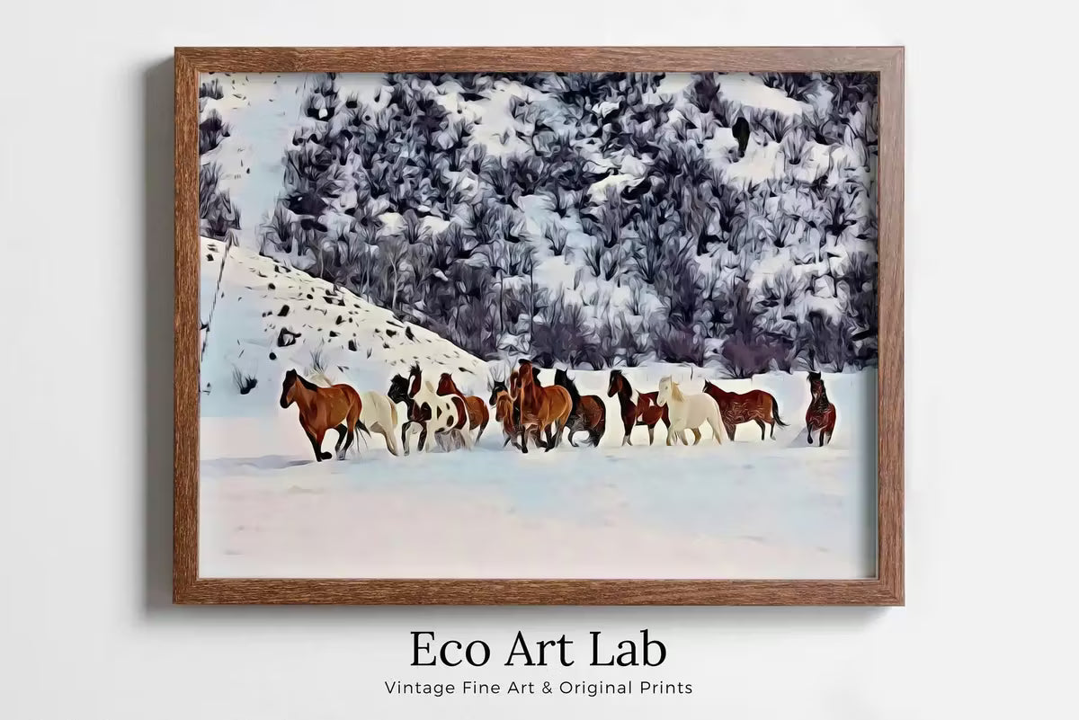 Wild Horses in Snow Digital Art Print. Horse Painting Animal Wall Art. Horse Poster Wall Decor, Horse Printable, Horse Photography – Printable Wall Art