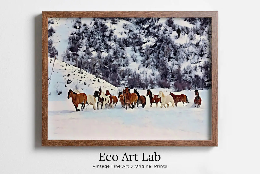 Framed view of Wild Horses in Snow Digital Art Print. Horse Painting Animal Wall Art. Horse Poster Wall Decor, Horse Printable, Horse Photography – printable wall art digital download.