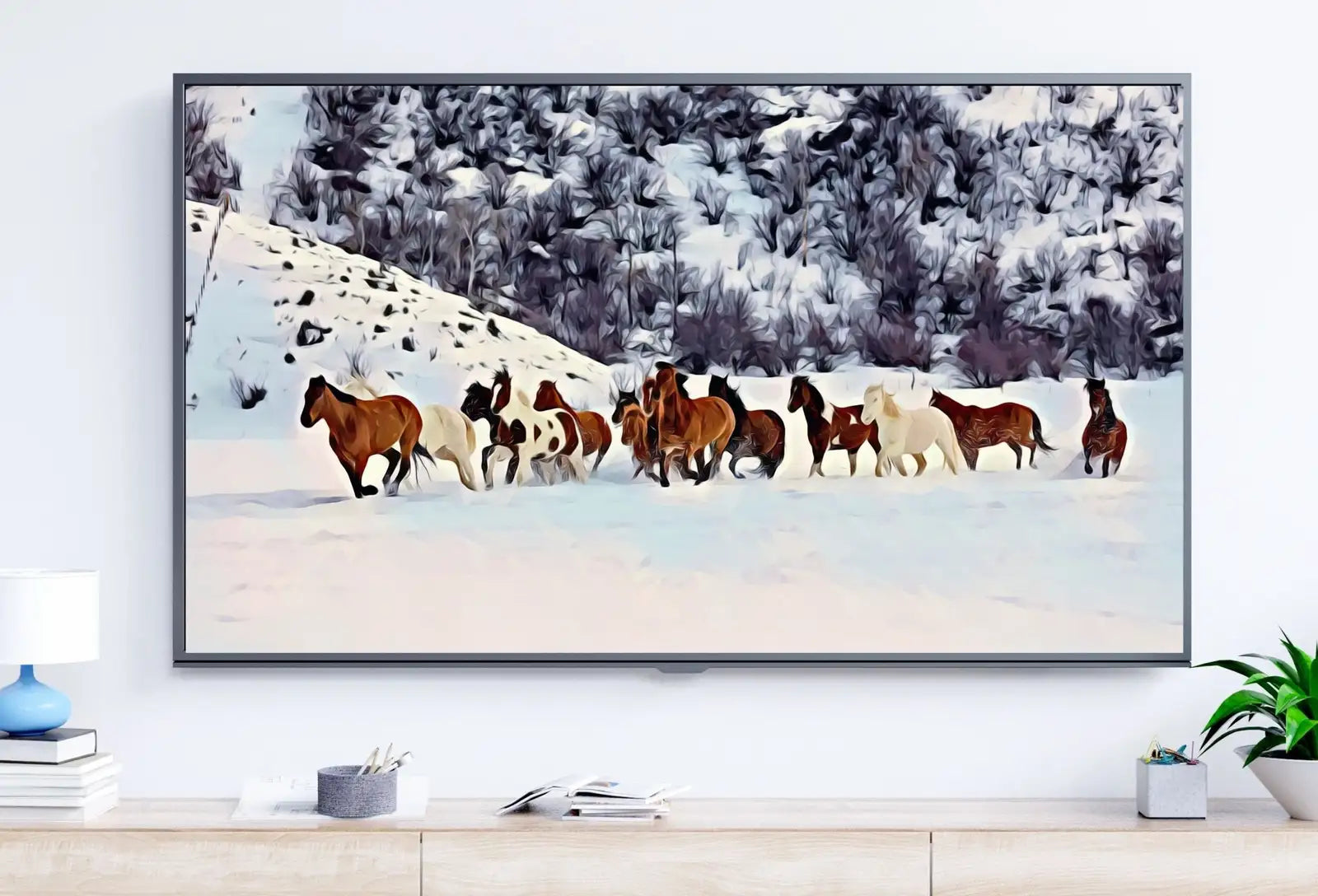 Included artwork preview showing first selection of artworks from Wild Horses in Snow Frame TV Art. Horse Painting Samsung Frame TV Art. Instant Download Nature Animal Art for TV. Colorful Art for Frame tv.