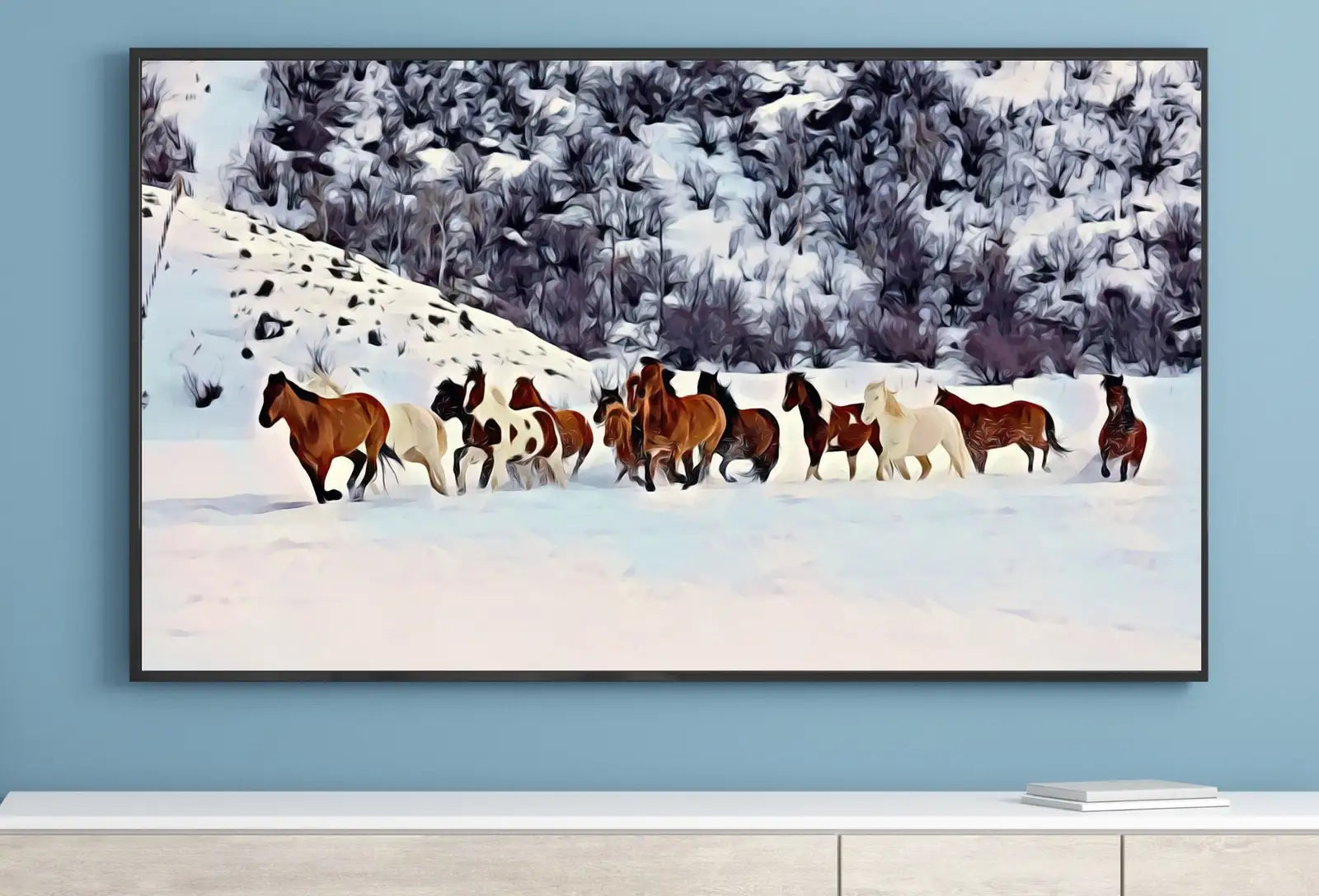 Detail view of artwork from Wild Horses in Snow Frame TV Art. Horse Painting Samsung Frame TV Art. Instant Download Nature Animal Art for TV. Colorful Art for Frame tv. (variation 1)