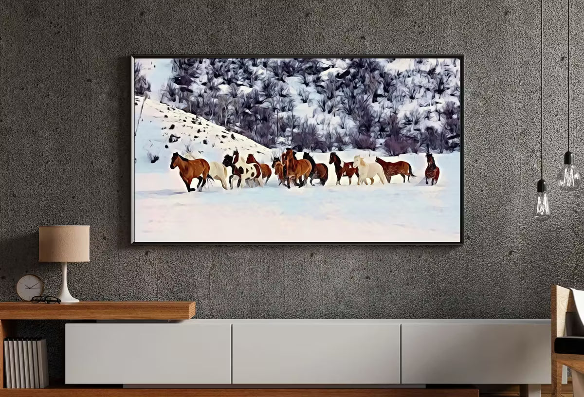 Wild Horses in Snow Frame TV Art. Horse Painting Samsung Frame TV Art. Instant Download Nature Animal Art for TV. Colorful Art for Frame tv – Frame TV  Art