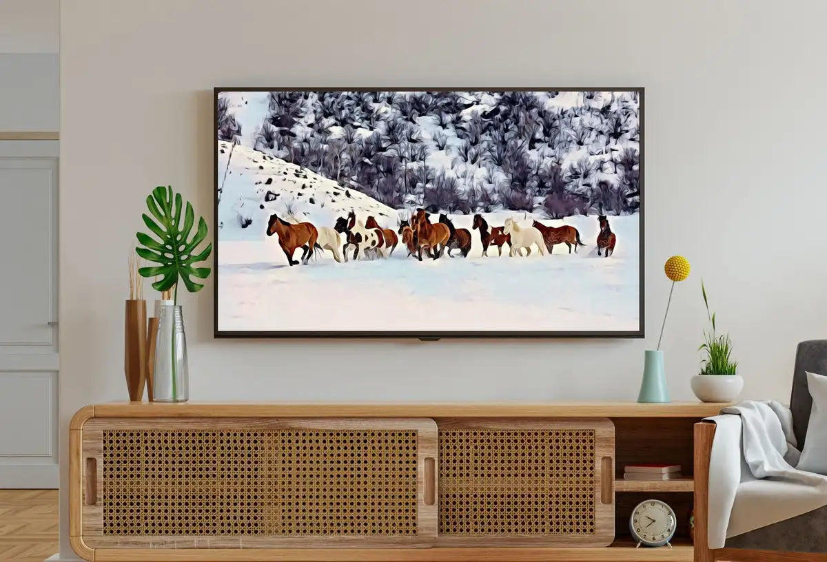Detail view of artwork from Wild Horses in Snow Frame TV Art. Horse Painting Samsung Frame TV Art. Instant Download Nature Animal Art for TV. Colorful Art for Frame tv. (variation 2)