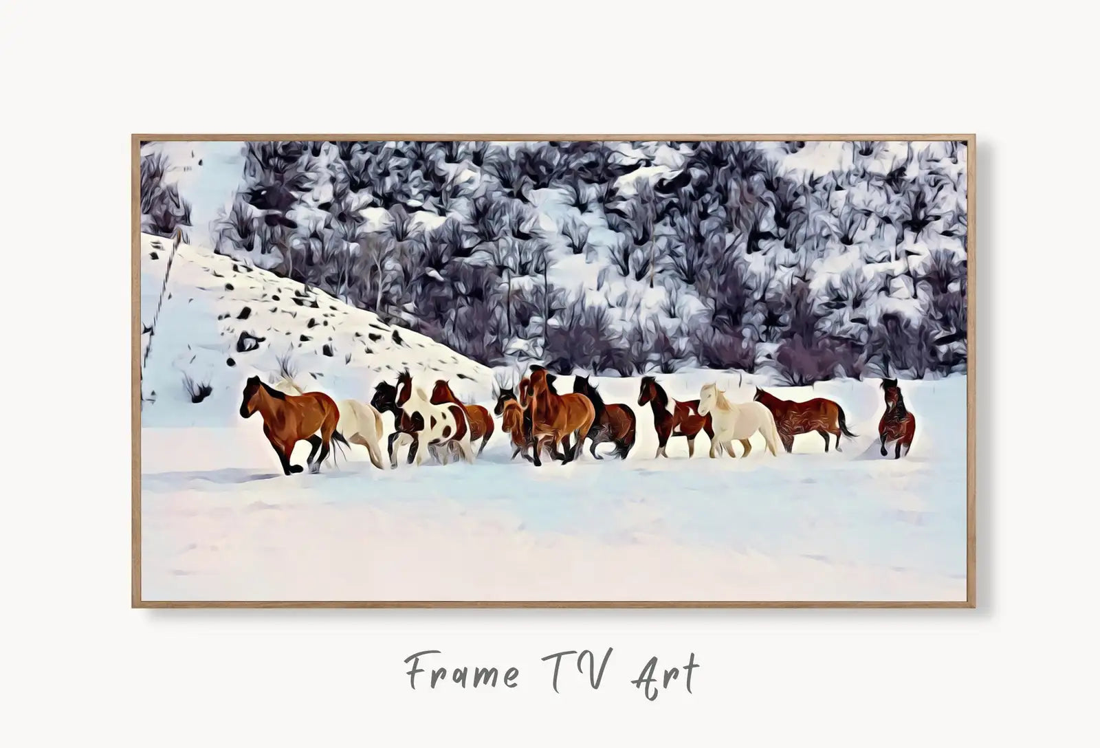 Wild Horses in Snow Frame TV Art. Horse Painting Samsung Frame TV Art. Instant Download Nature Animal Art for TV. Colorful Art for Frame tv displayed on Samsung Frame TV on a living room wall.