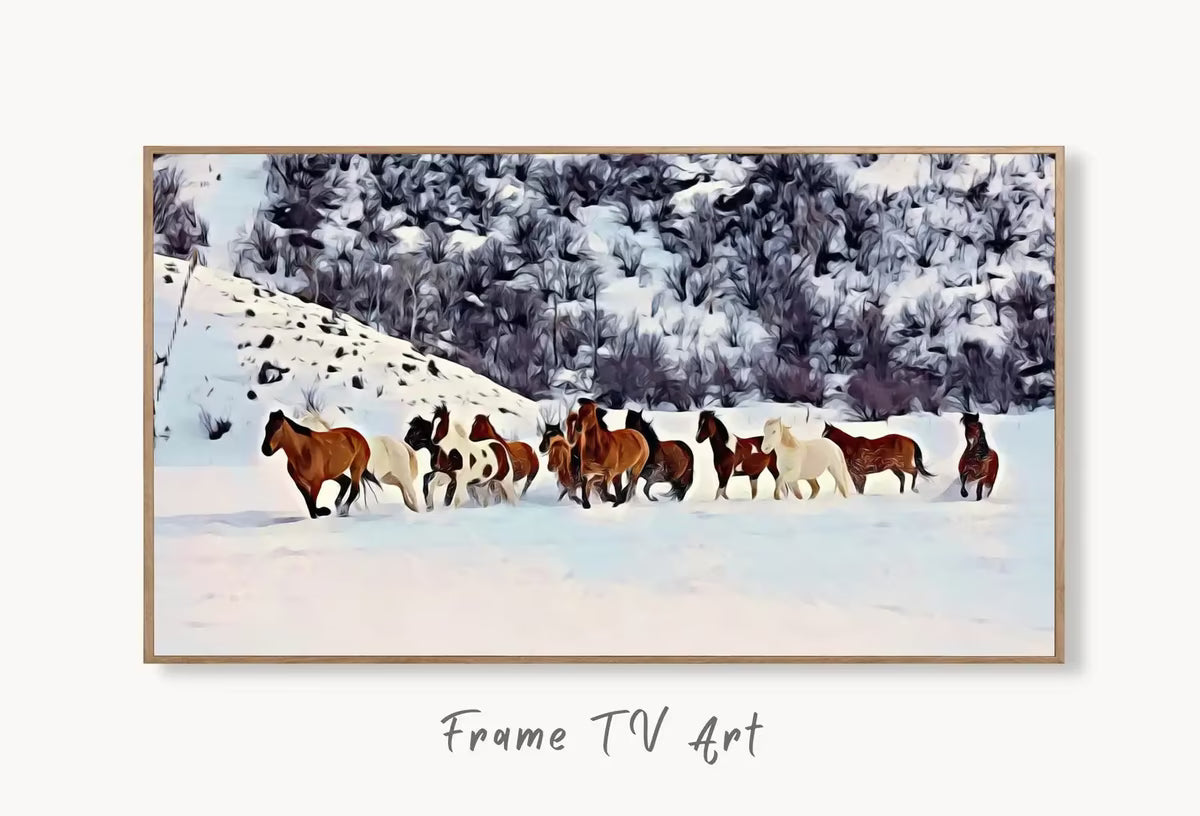 Wild Horses in Snow Frame TV Art. Horse Painting Samsung Frame TV Art. Instant Download Nature Animal Art for TV. Colorful Art for Frame tv – Frame TV  Art