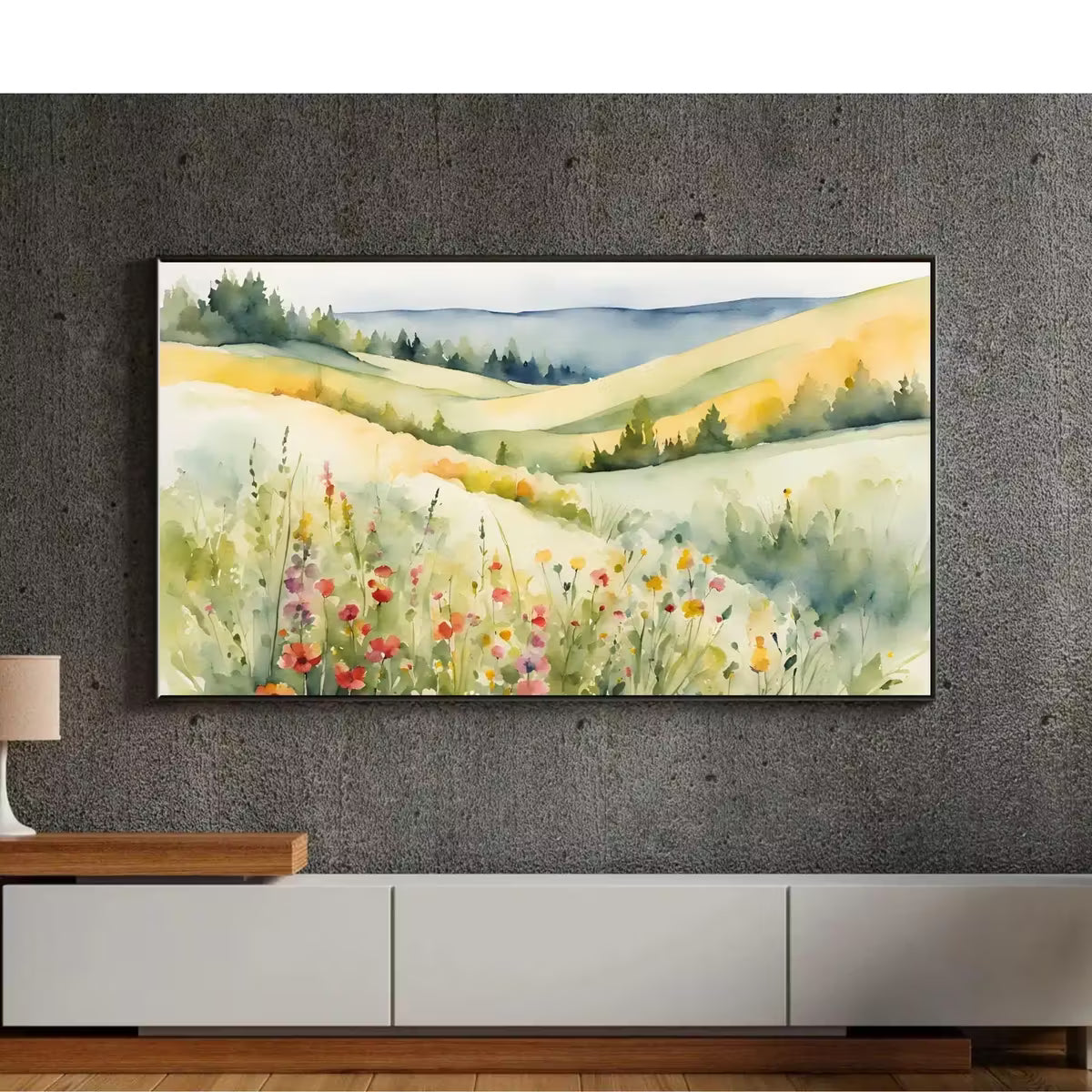 Wildflowers Hills Art For Frame TV. 4K Landscape Watercolor Decor. Minimalist Nature Scene Floral Wall Art – Frame TV  Art