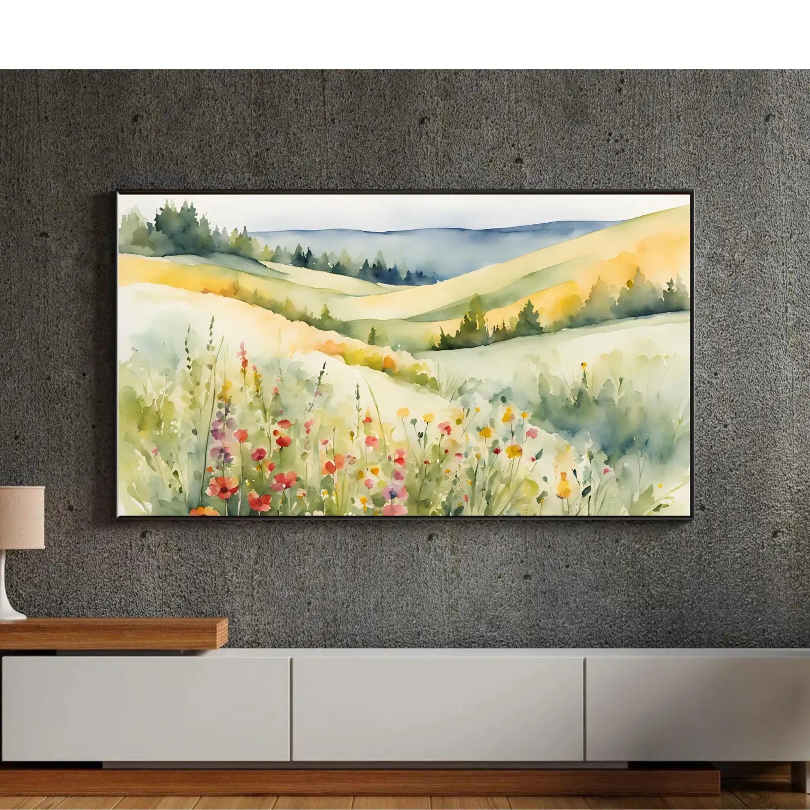 Wildflowers Hills Art For Frame TV. 4K Landscape Watercolor Decor. Minimalist Nature Scene Floral Wall Art – Frame TV Digital Download Art – Digital Download