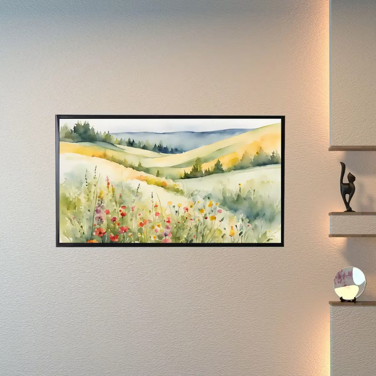 Wildflowers Hills Art For Frame TV. 4K Landscape Watercolor Decor. Minimalist Nature Scene Floral Wall Art – Frame TV  Art
