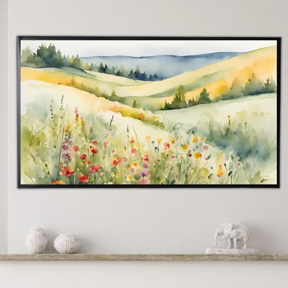 Wildflowers Hills Art For Frame TV. 4K Landscape Watercolor Decor. Minimalist Nature Scene Floral Wall Art – Frame TV  Art