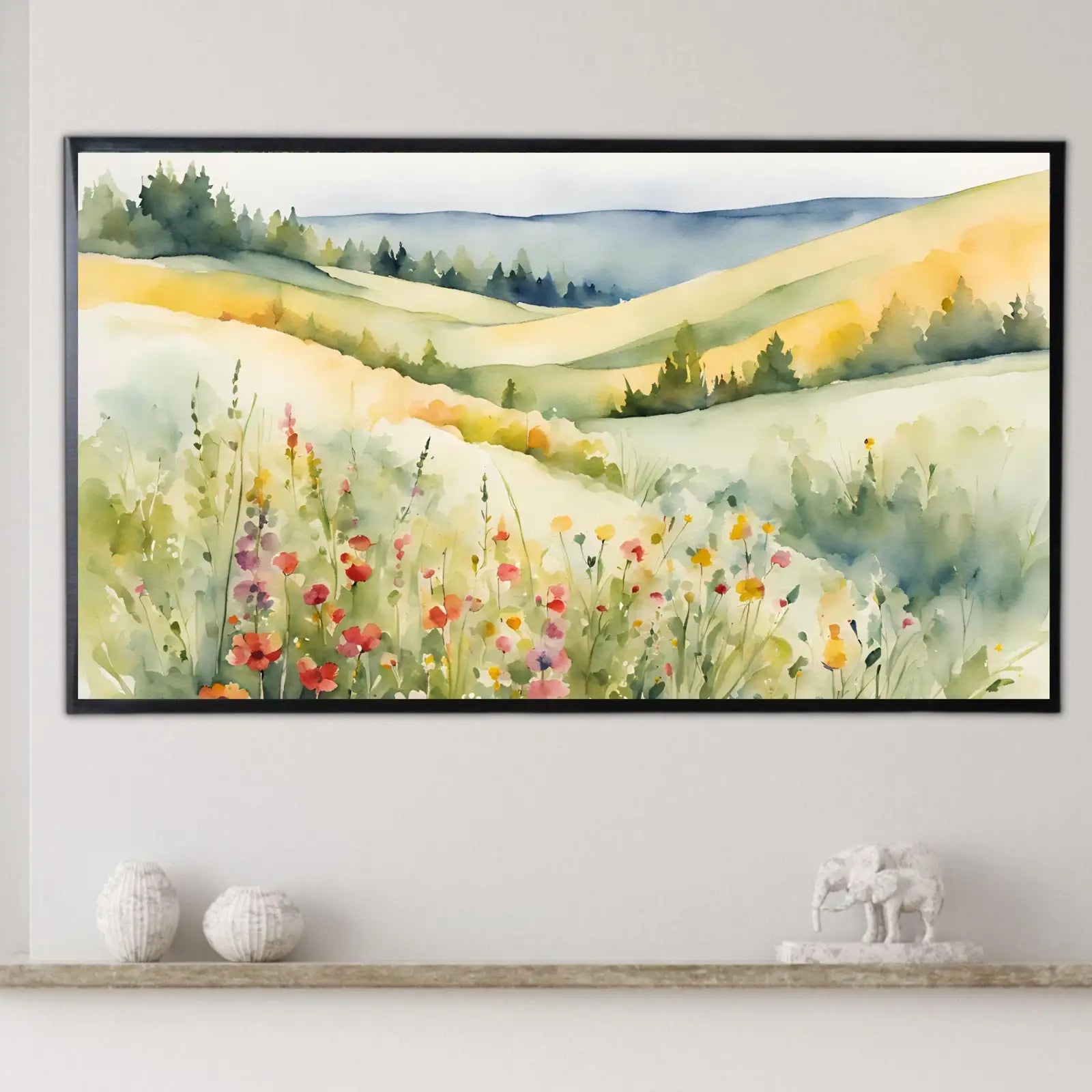 Wildflowers Hills Art For Frame TV. 4K Landscape Watercolor Decor. Minimalist Nature Scene Floral Wall Art – Frame TV Digital Download Art – Digital Download