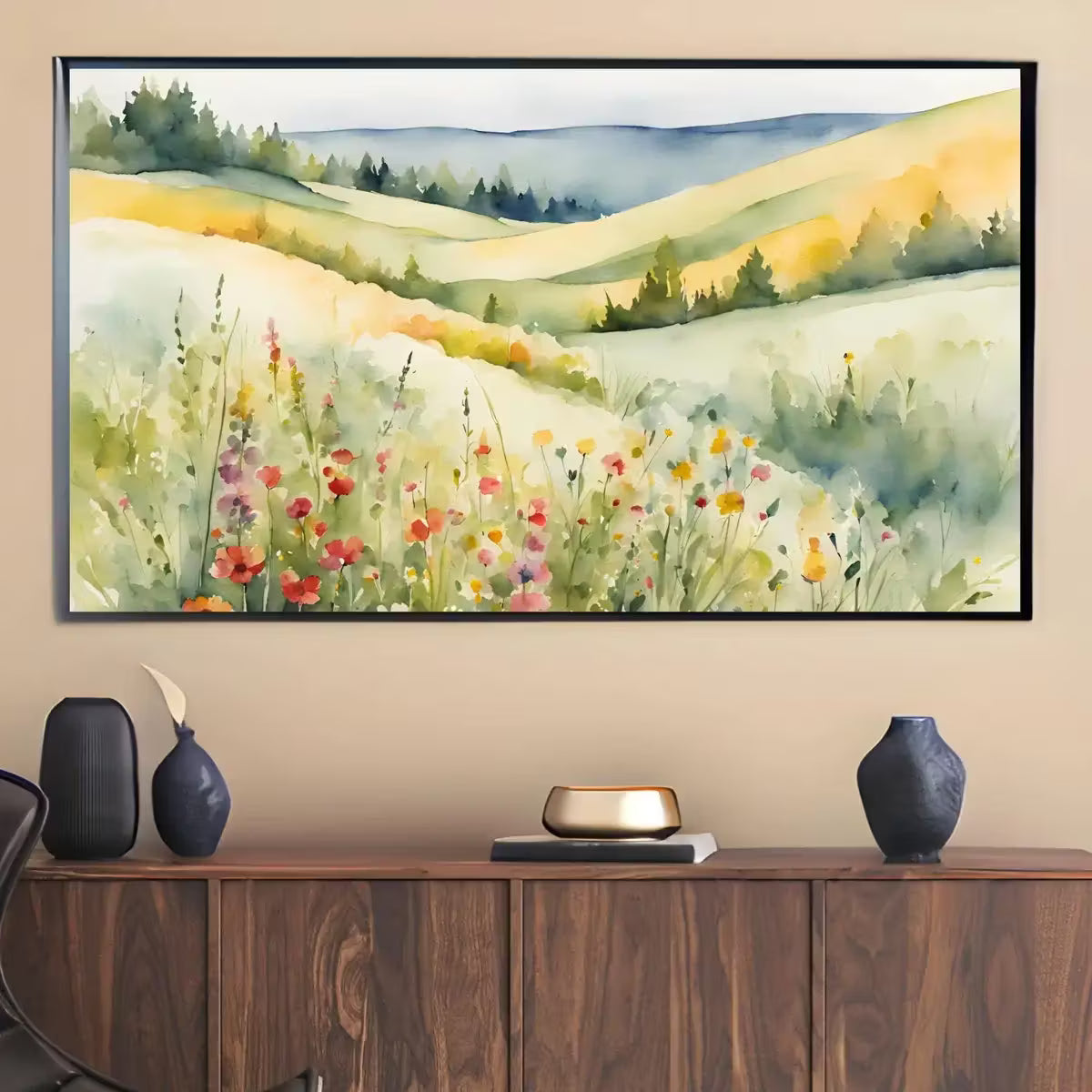 Wildflowers Hills Art For Frame TV. 4K Landscape Watercolor Decor. Minimalist Nature Scene Floral Wall Art – Frame TV  Art